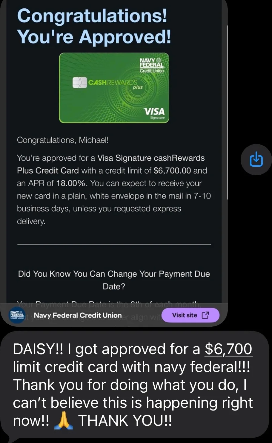 Navy Federal Credit Union approval letter for a Visa Signature cashRewards Plus credit card with a $6,700 limit, alongside a client text message thanking Daisy.
